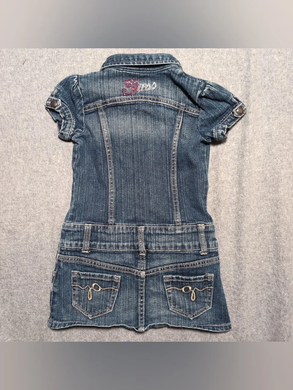 VTG Y2K GUESS Denim Button Down Short Sleeve Dress Size Medium 5/6 Rhinestone